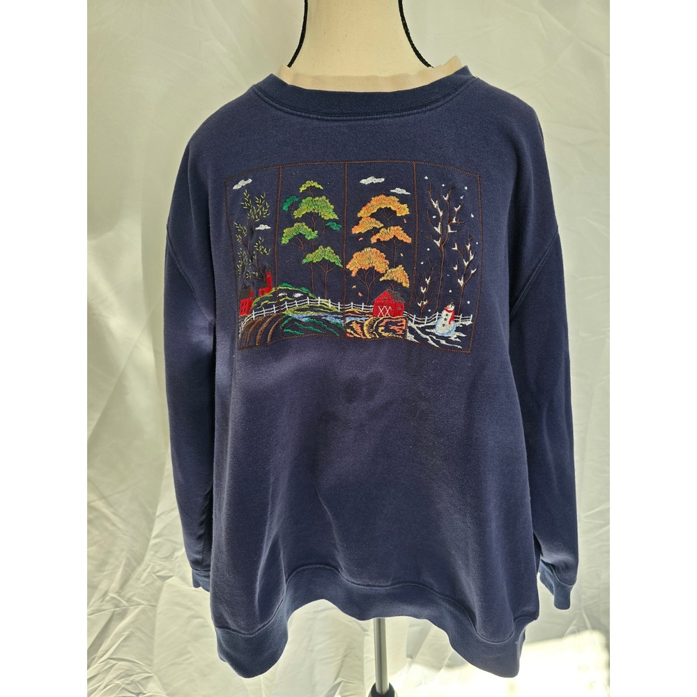 Links 3X Navy Blue Embroidered Farm Scene Sweatshirt Women's Casual Pullover